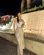 Load image into Gallery viewer, Aditi Srivastava | Sangria Lycra Drape Saree | White | 2 Piece Set