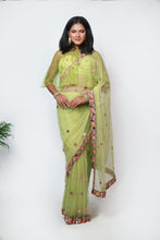 Load image into Gallery viewer, Cora Mirror & Multicolour Saree | Lime Green