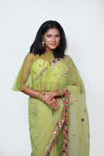 Load image into Gallery viewer, Cora Mirror & Multicolour Saree | Lime Green