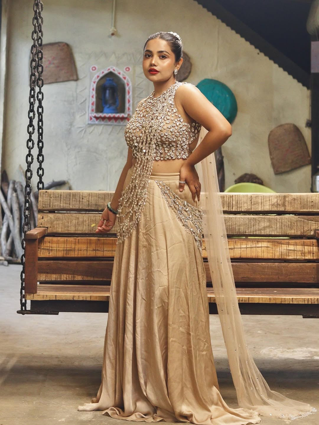 Nude stone cutwork saree | Beige