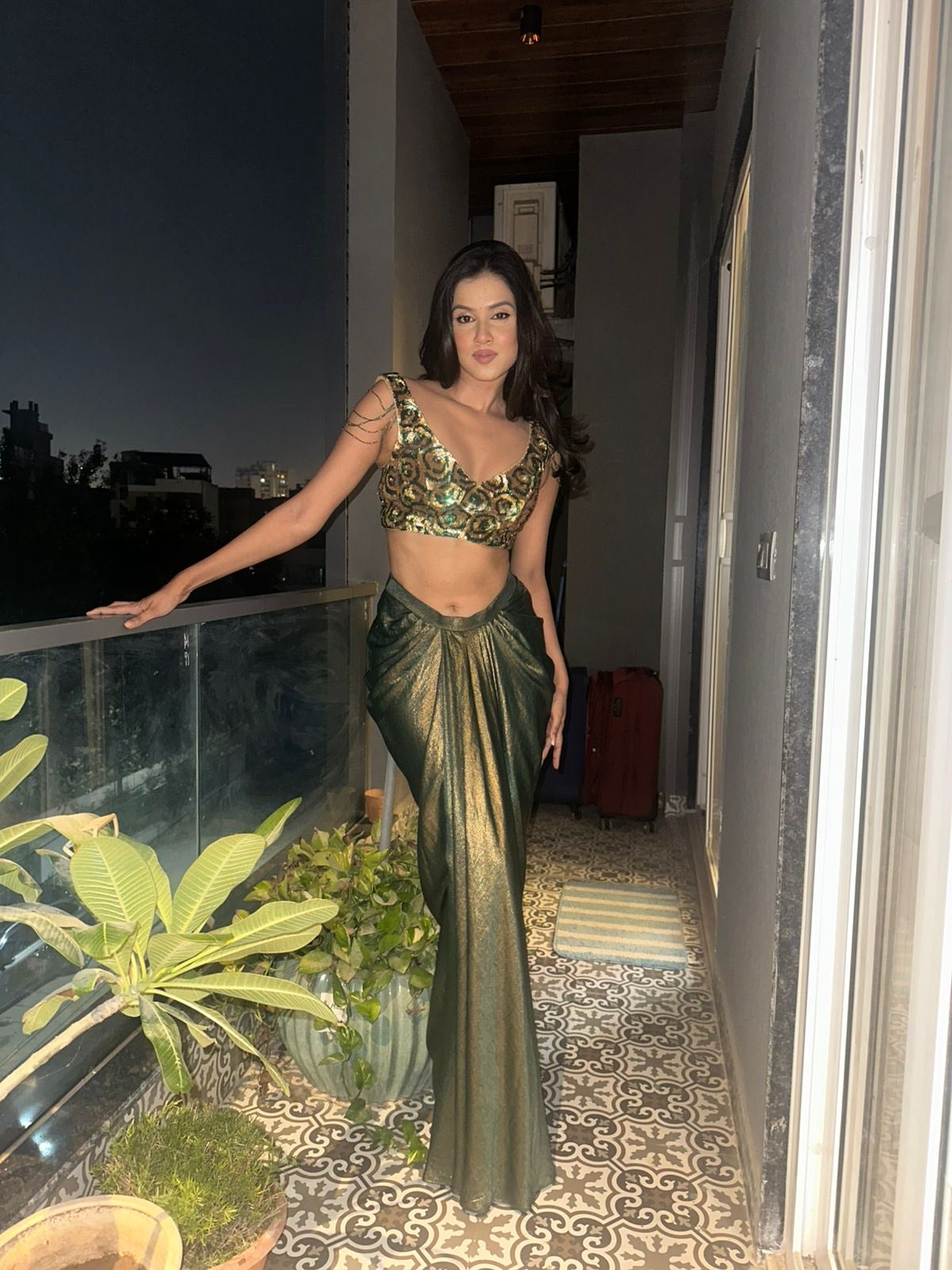 Aditi Srivastava | Emerald Rose Crop-Top Skirt