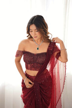 Load image into Gallery viewer, Arti Chauhan | Hanging Crystal Saree | Maroon
