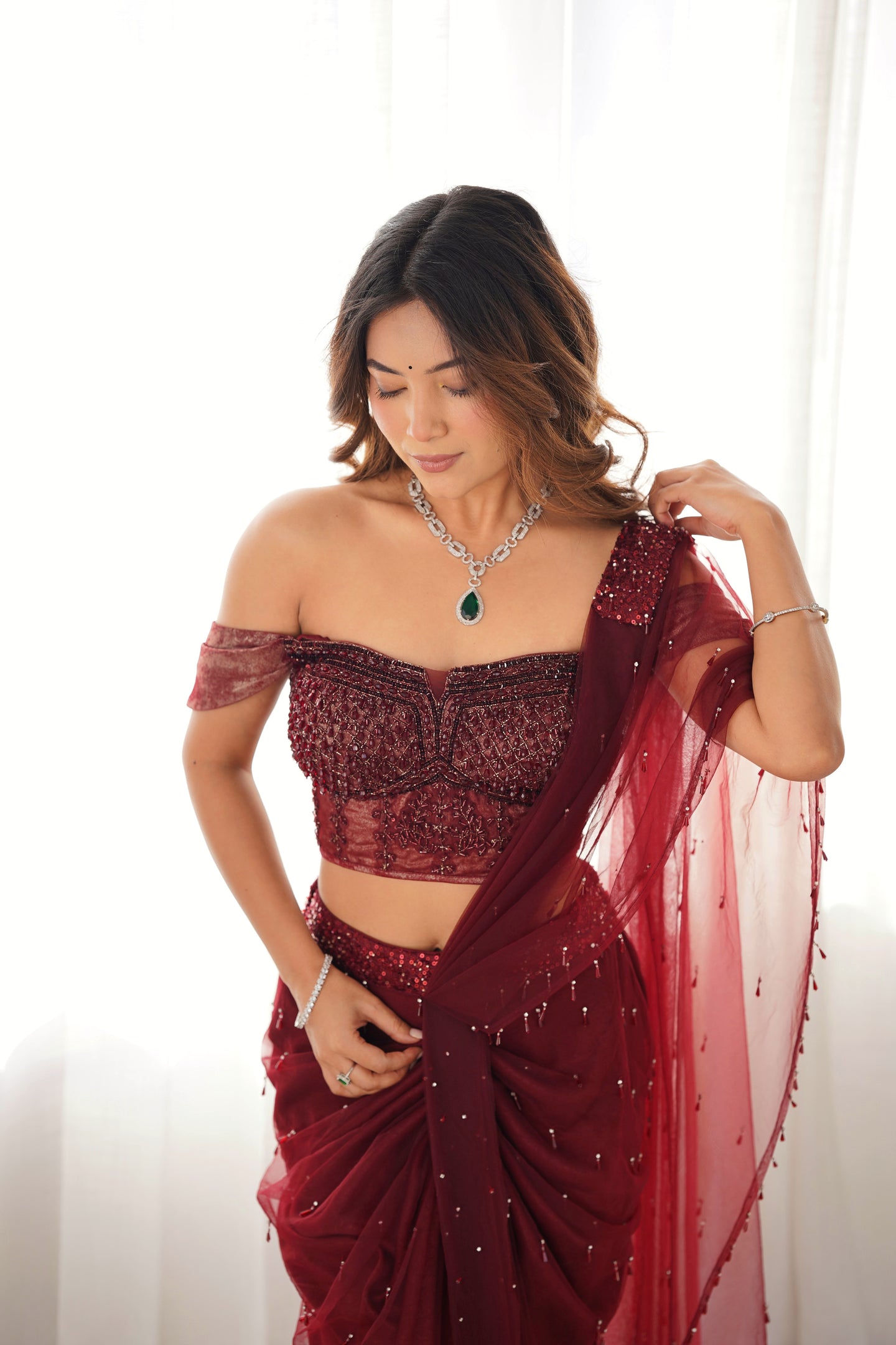 Arti Chauhan | Hanging Crystal Saree | Maroon