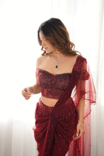 Load image into Gallery viewer, Arti Chauhan | Hanging Crystal Saree | Maroon

