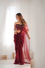 Load image into Gallery viewer, Arti Chauhan | Hanging Crystal Saree | Maroon
