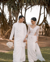 Load image into Gallery viewer, Dishnira Custom Hand Embellished Bridal Saree | Pearl White
