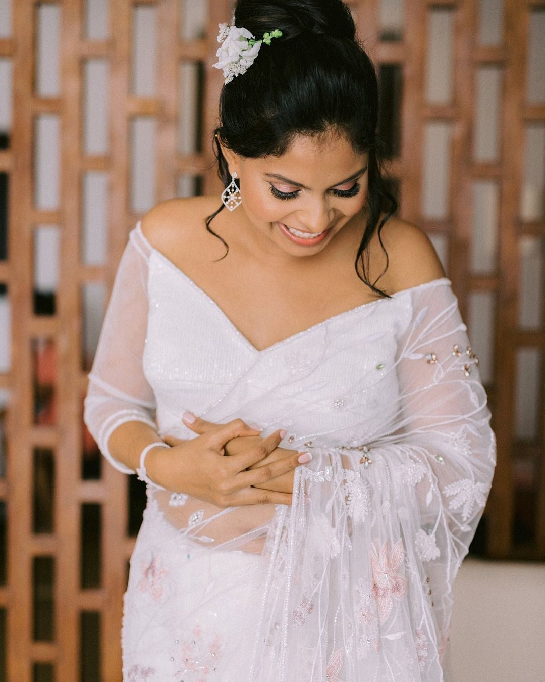 Dishnira Custom Hand Embellished Bridal Saree | Pearl White