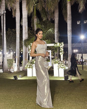 Load image into Gallery viewer, Aditi Srivastava | Sangria Lycra Drape Saree | White | 2 Piece Set
