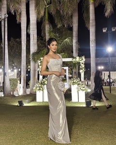 Aditi Srivastava | Sangria Lycra Drape Saree | White | 2 Piece Set