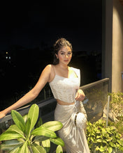 Load image into Gallery viewer, Aditi Srivastava | Sangria Lycra Drape Saree | White | 2 Piece Set
