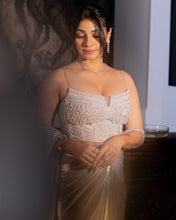Load image into Gallery viewer, Tanishaa Mukerji - Sangria Lycra Drape Saree | White | 2 Piece Set
