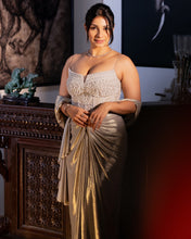 Load image into Gallery viewer, Tanishaa Mukerji - Sangria Lycra Drape Saree | White | 2 Piece Set
