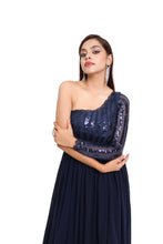 Load image into Gallery viewer, Luna One-Side Off Shoulder Sequin Gown | Navy Blue
