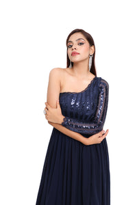 Luna One-Side Off Shoulder Sequin Gown | Navy Blue