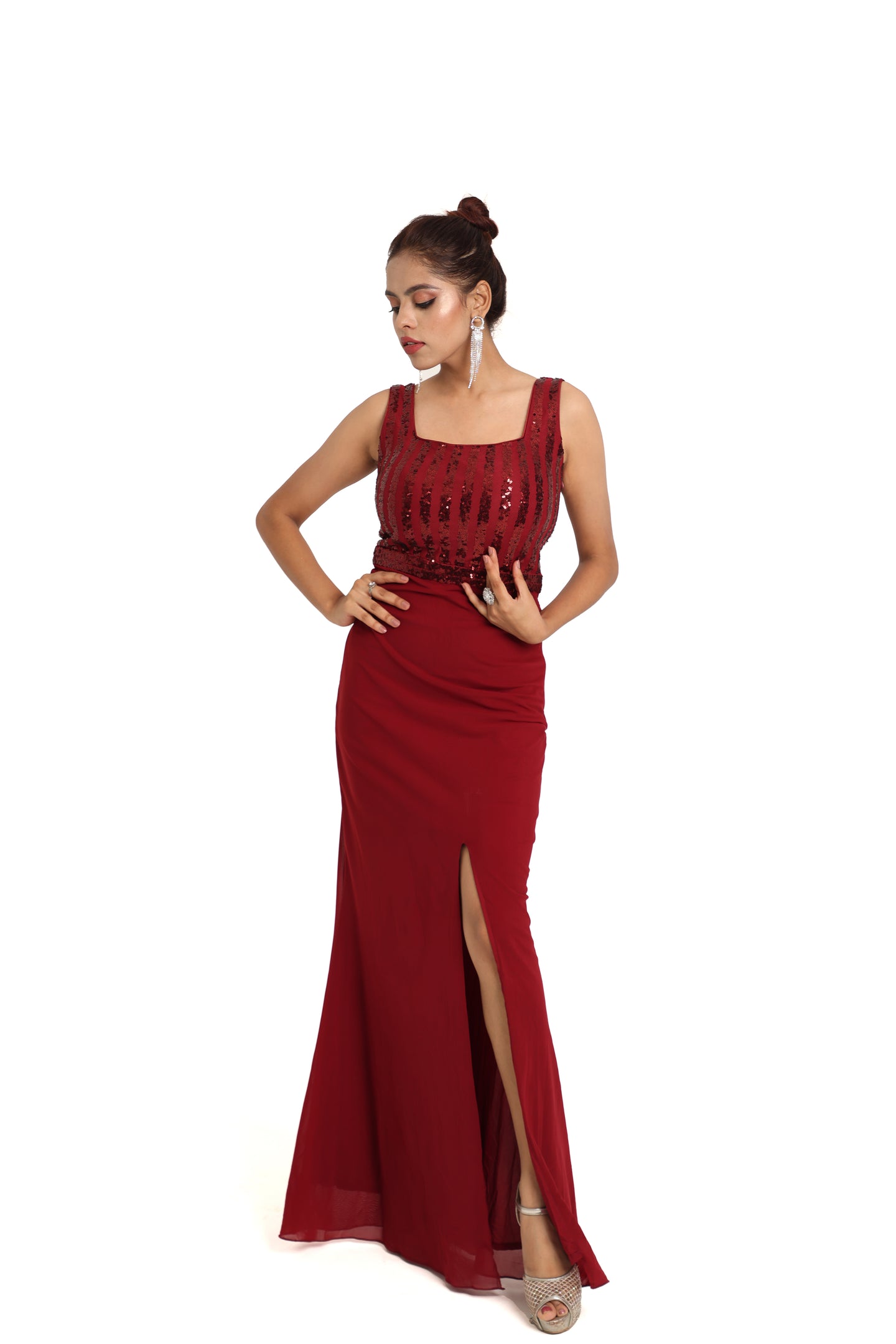 Aura A-Line Slit Sequin Gown | Maroon
