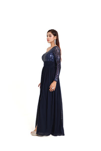 Luna One-Side Off Shoulder Sequin Gown | Navy Blue
