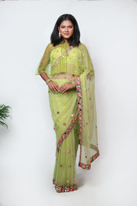 Cora Mirror & Multicolour Saree | Lime Green