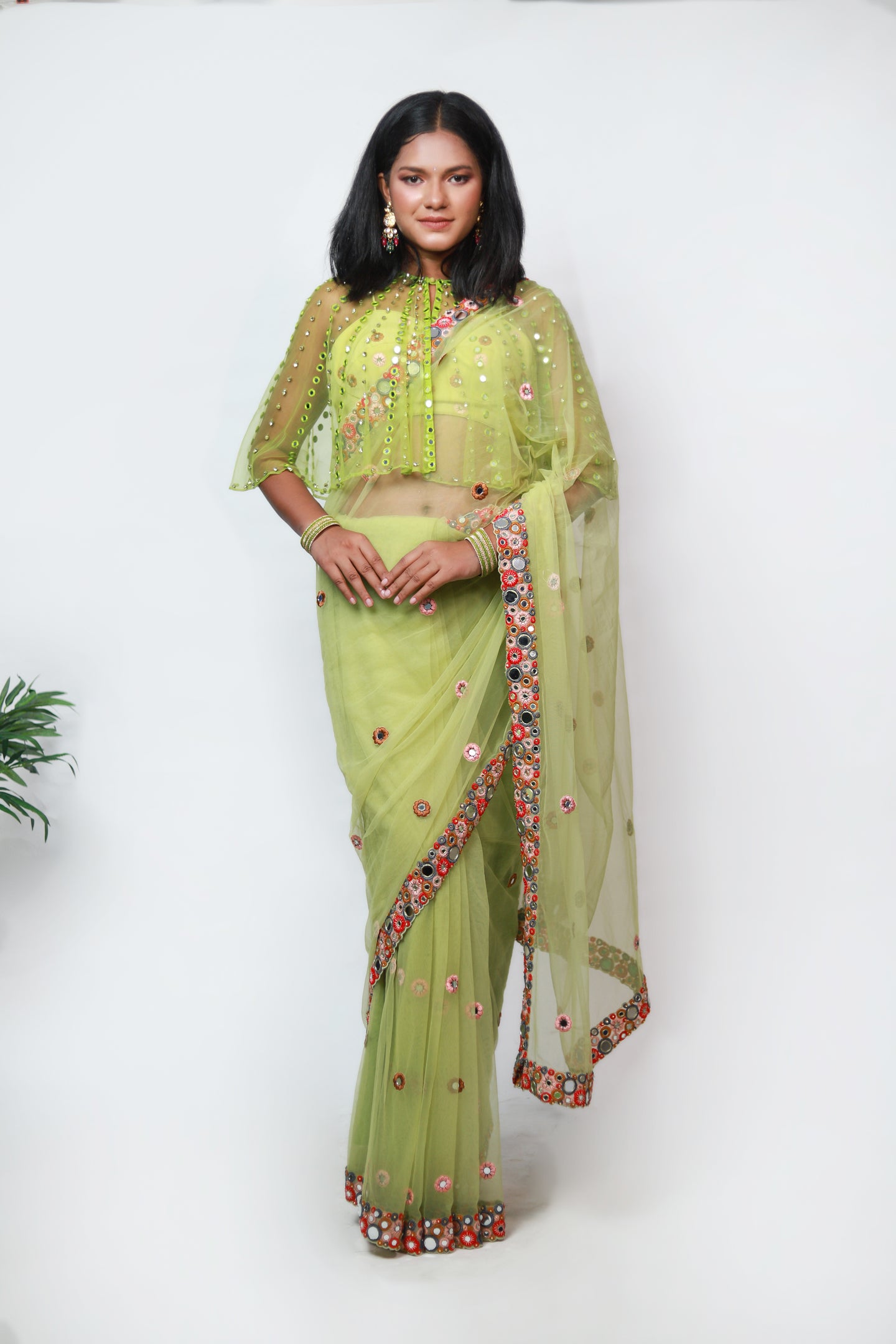 Cora Mirror & Multicolour Saree | Lime Green