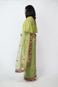 Cora Mirror & Multicolour Saree | Lime Green