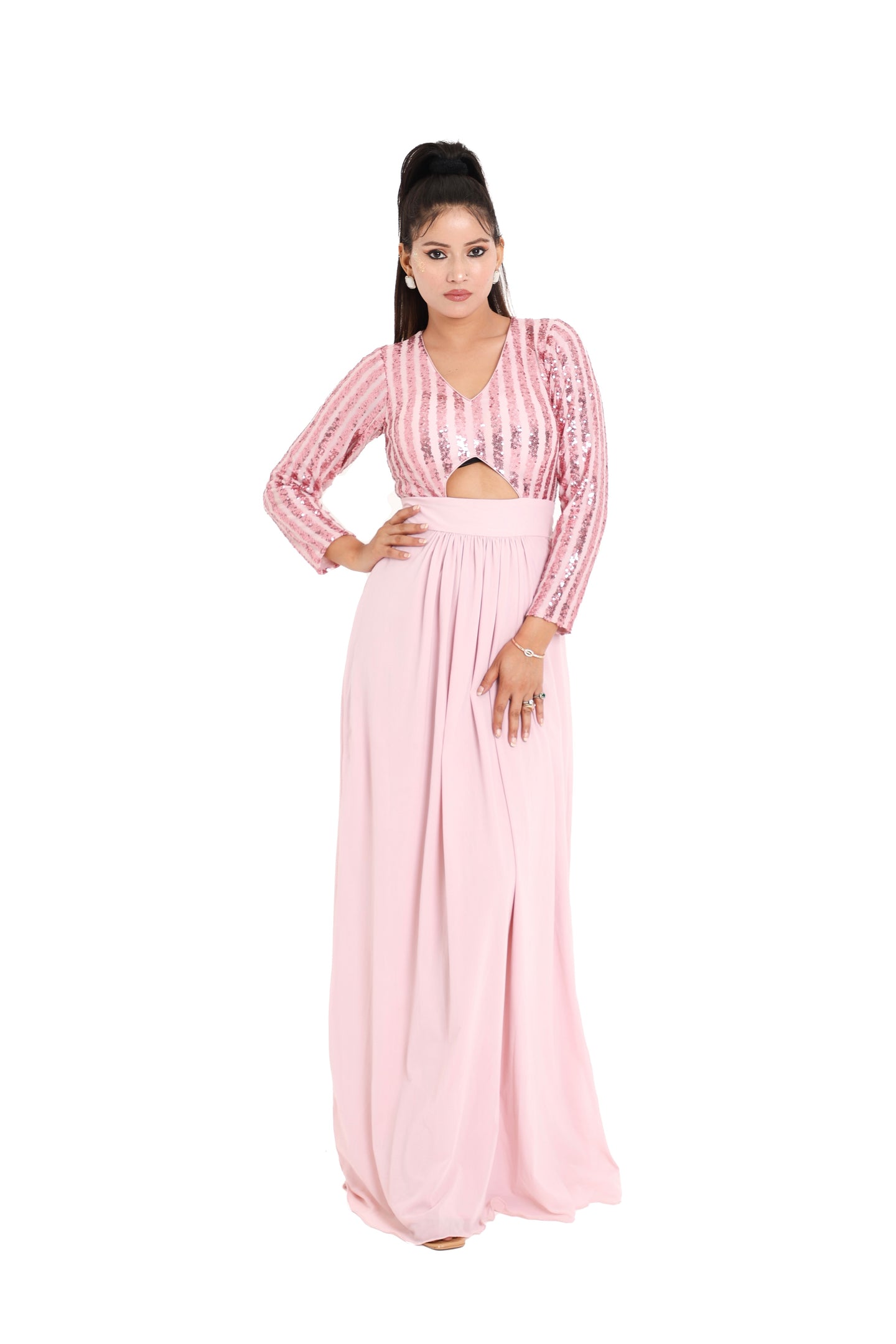 Ella Pin-Stripe Sequin Gown | Baby Pink