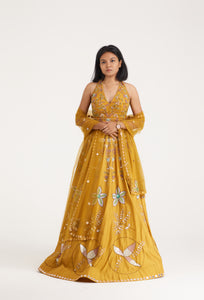 Lily Backless Halter Lehenga | Mustard Lehenga