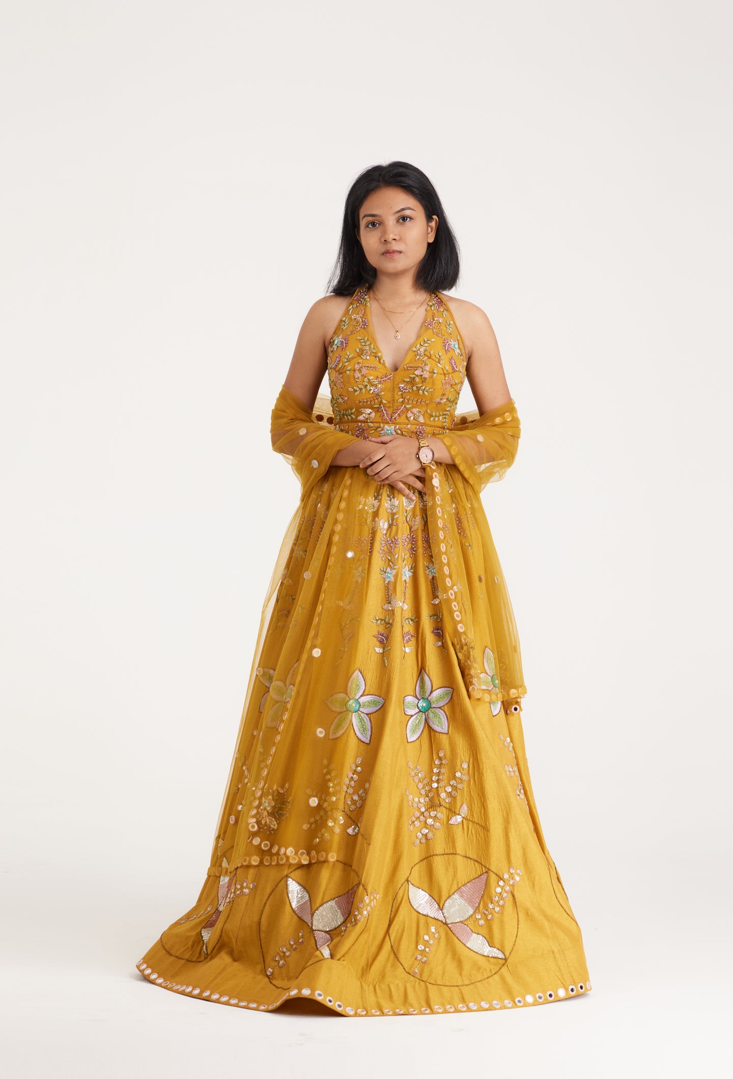 Lily Backless Halter Lehenga | Mustard Lehenga