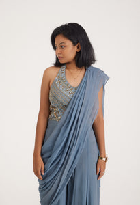 Alaya Backless Jumpsuit Saree | Powder Blue