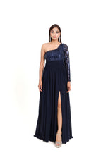 Load image into Gallery viewer, Luna One-Side Off Shoulder Sequin Gown | Navy Blue
