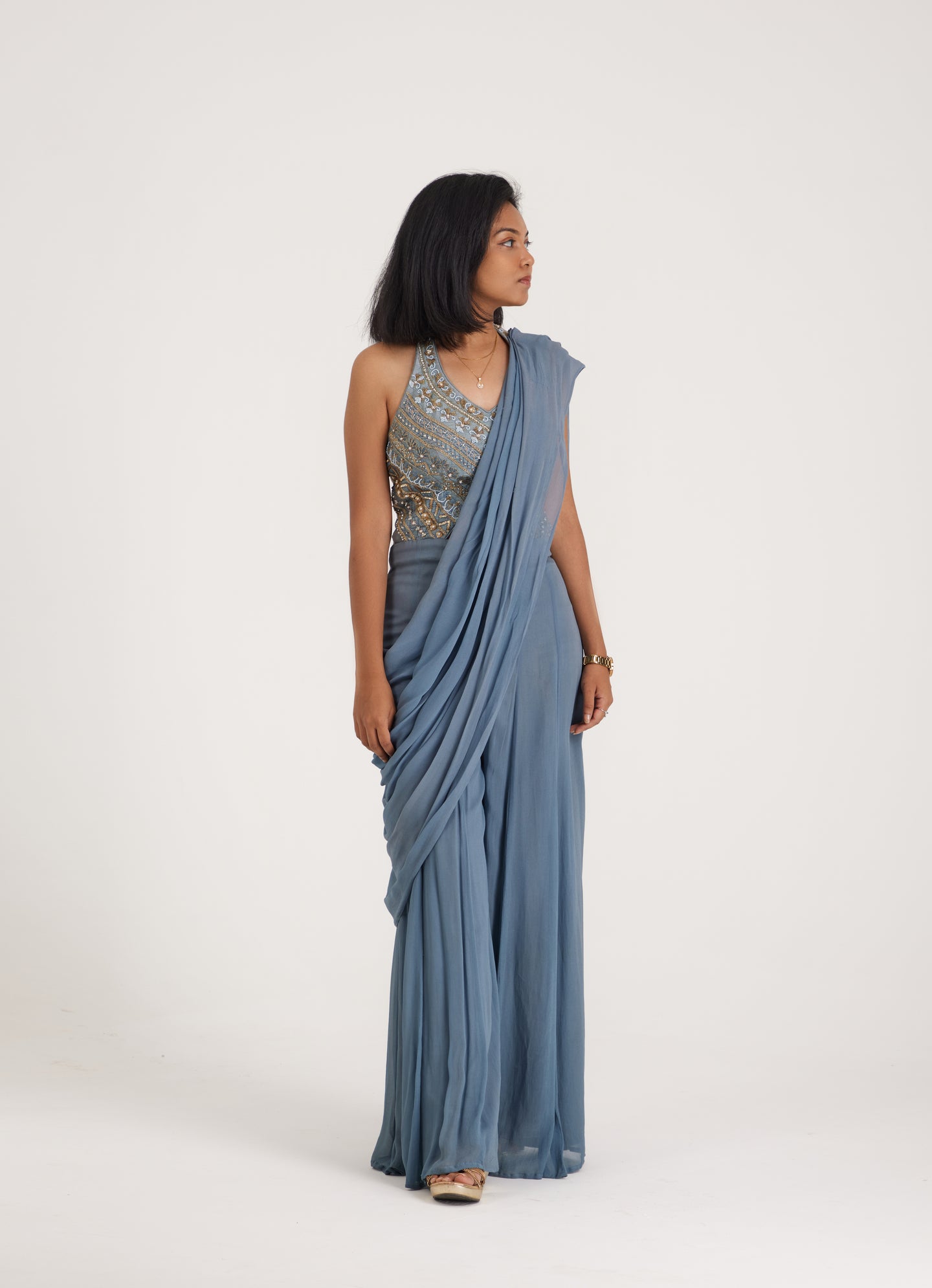 Alaya Backless Jumpsuit Saree | Powder Blue