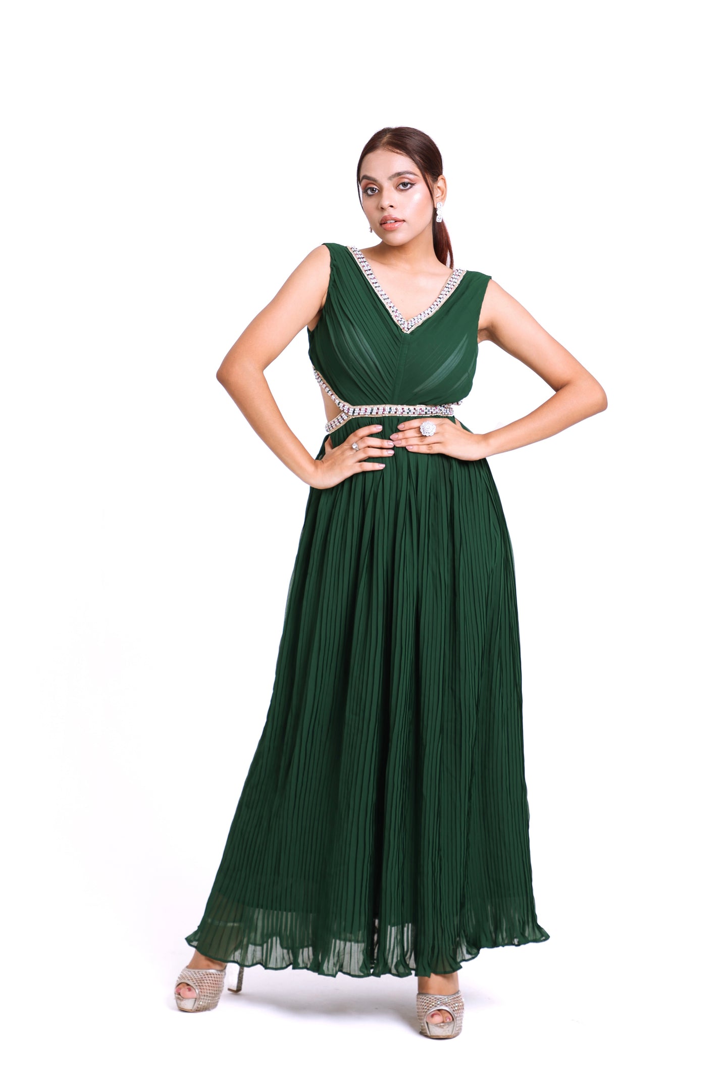 Cleo A-Line Cut Out Pleated Dress | Green