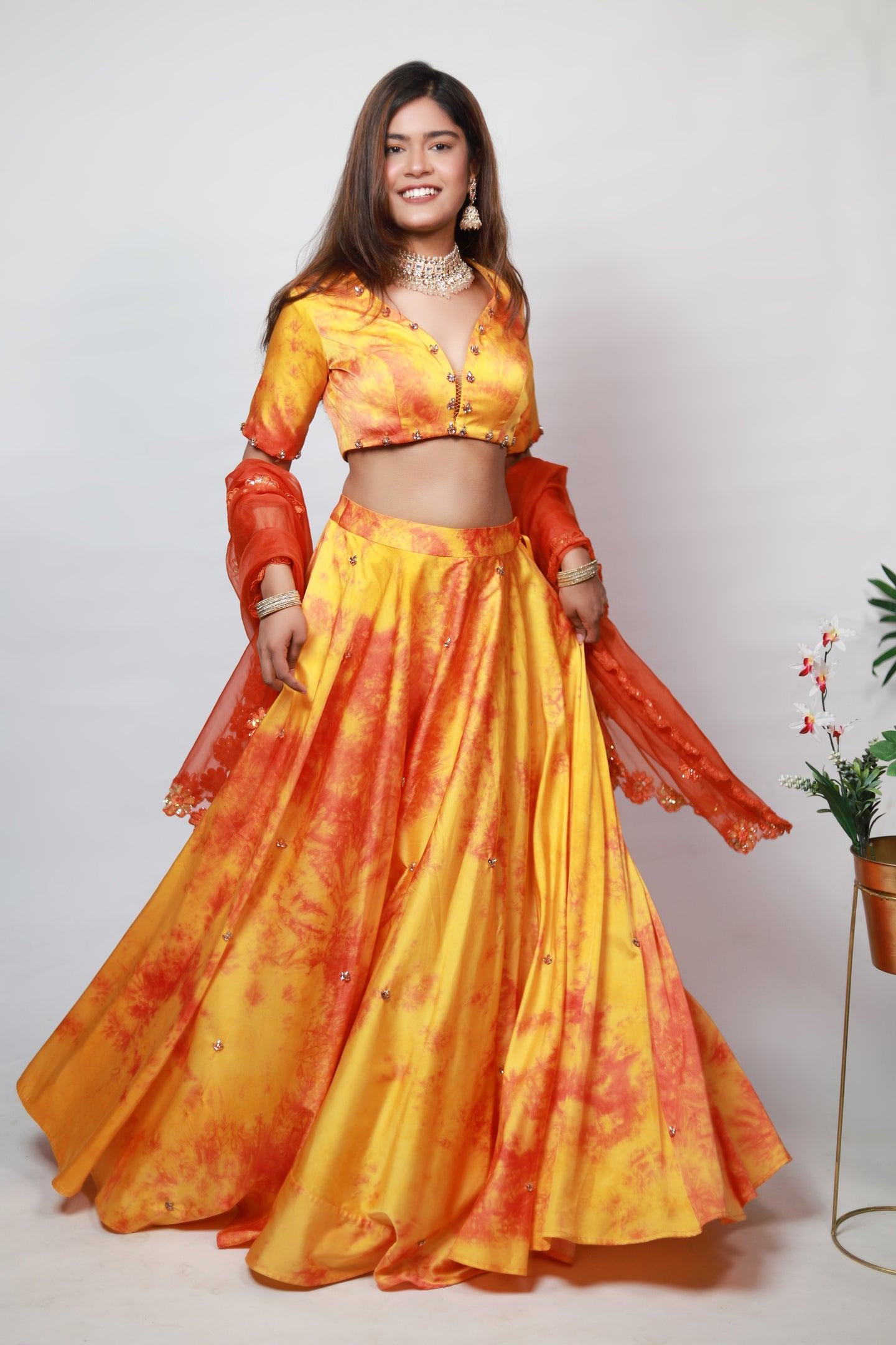 Flower Tie-Dye Lehenga | Yellow & Orange