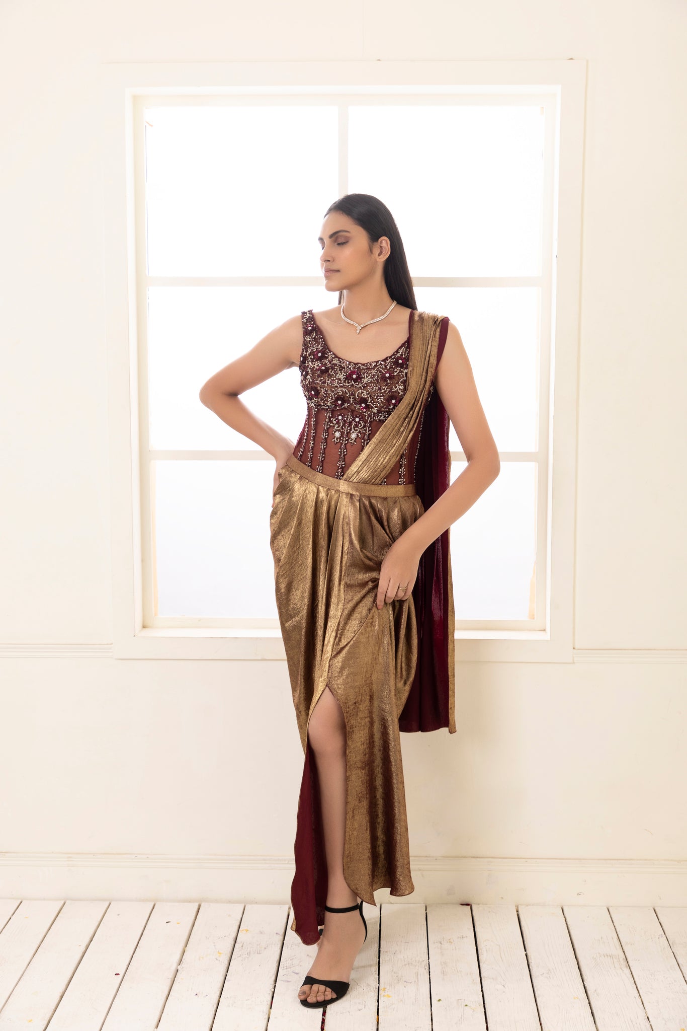 Garnet Embellished Corset (3 Piece Set) | Maroon