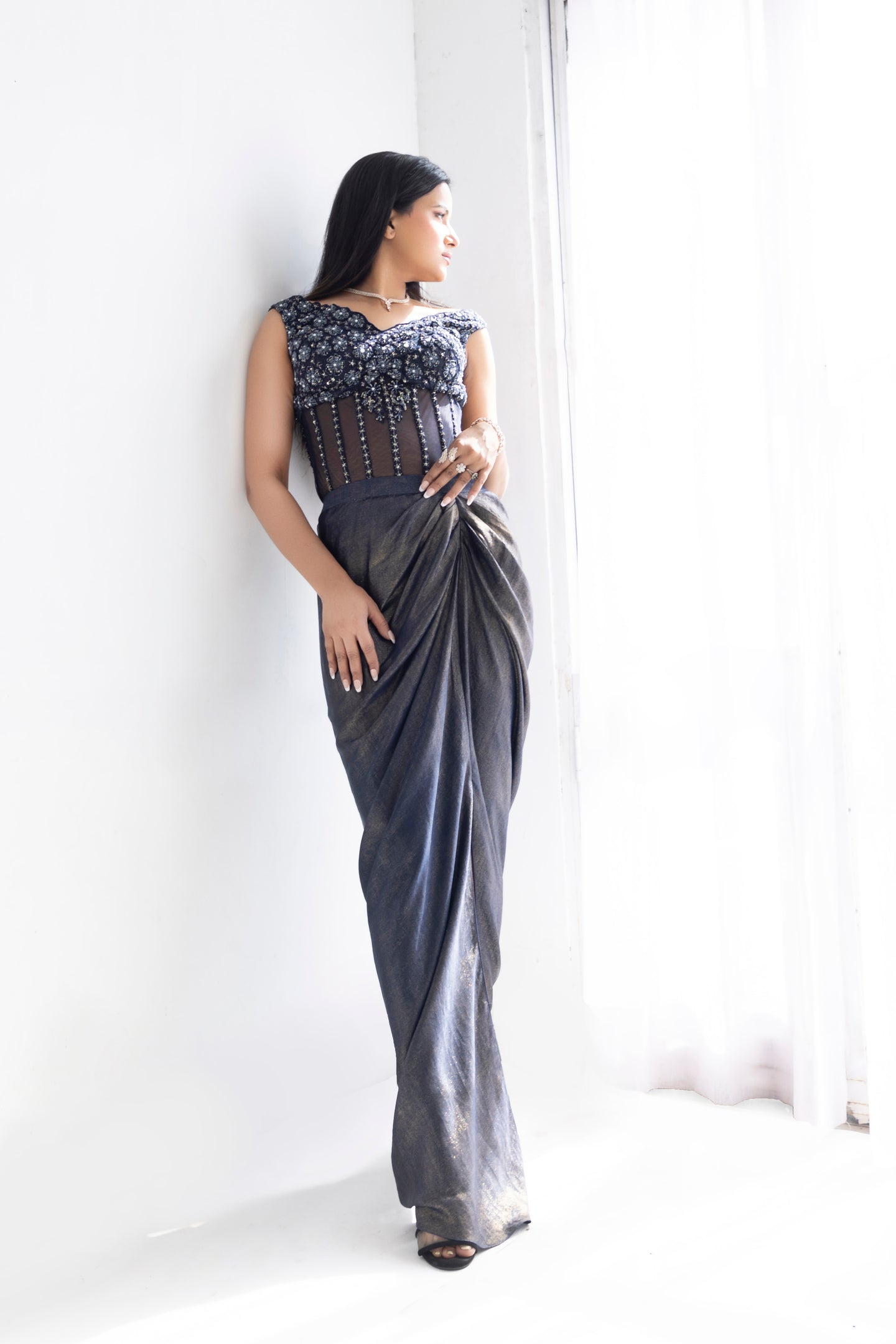 Sapphire Embellished Corset | Navy Blue (2 Piece Set)