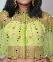 Load image into Gallery viewer, Emma Mirror Embellished Saree | Lime green
