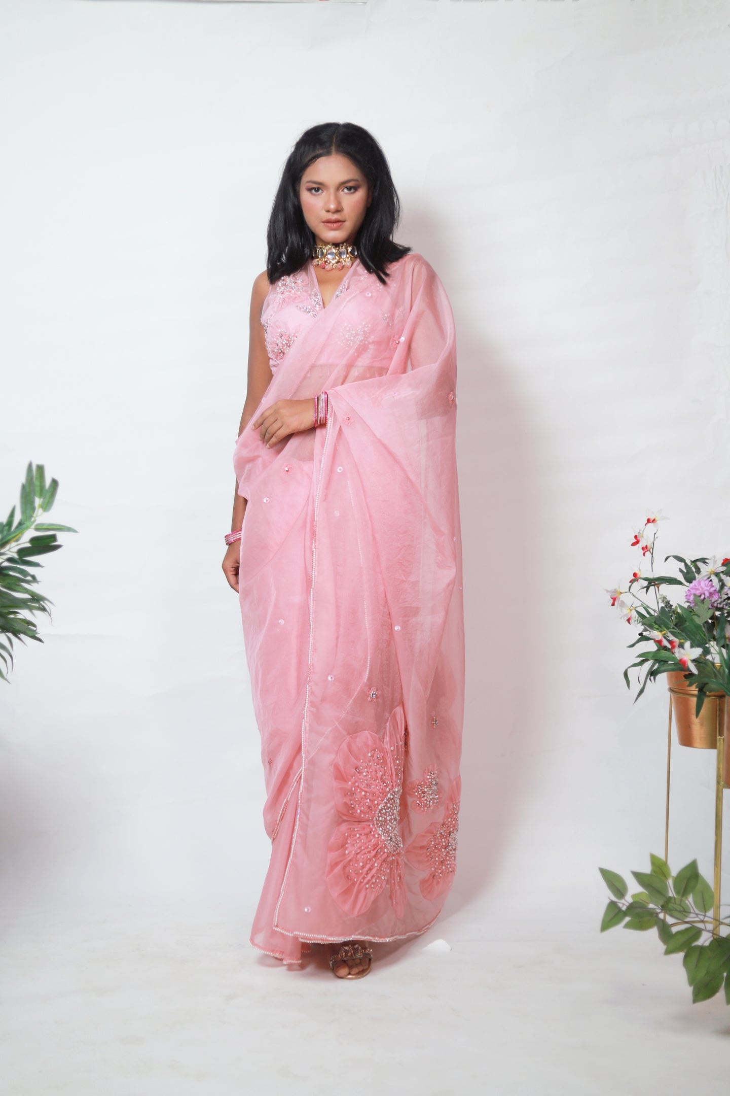 Ava Patchwork Saree | Baby Pink