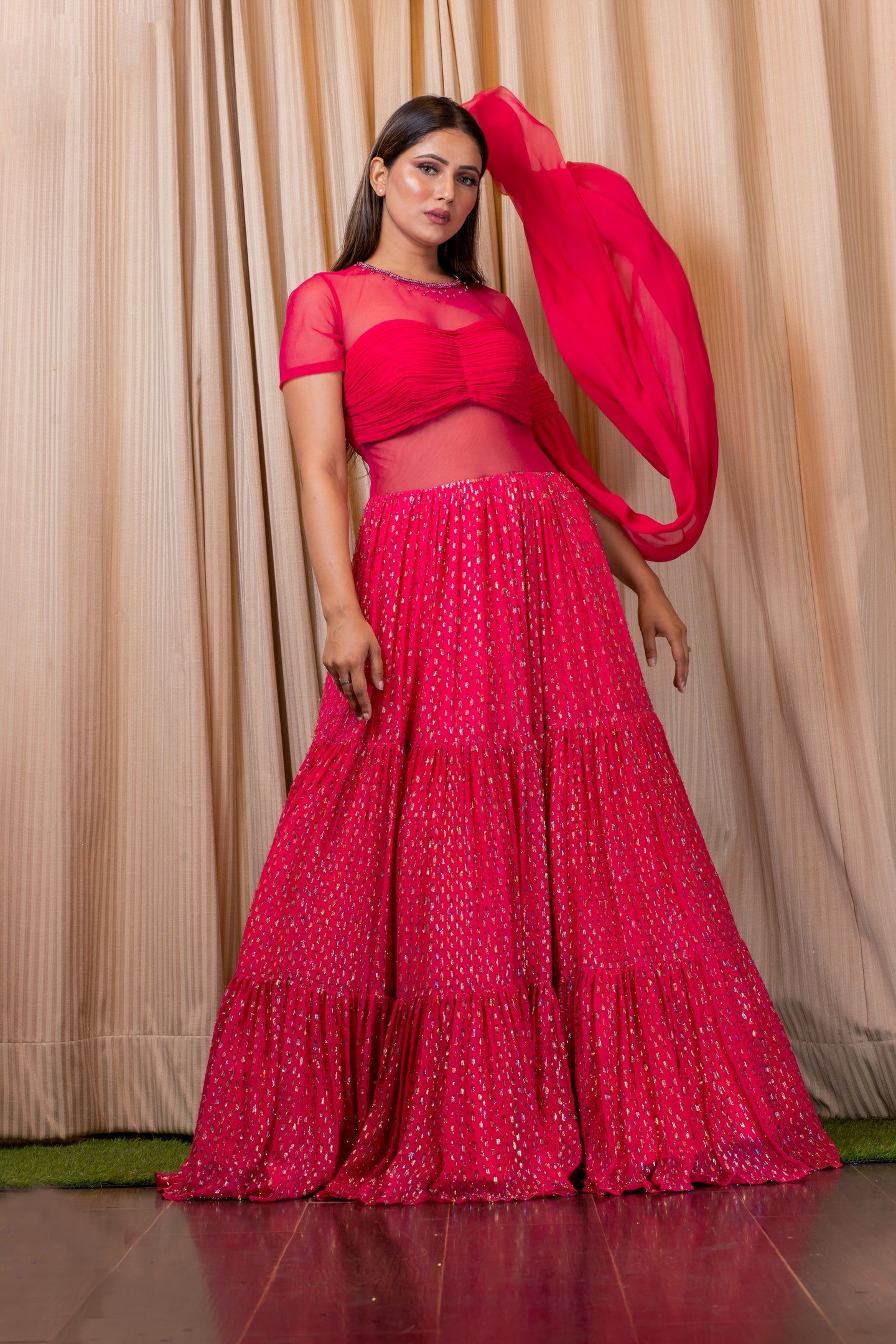 Sirena Multicolour Zari Gown | Hot Pink